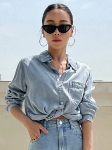 DAZY Y2K风格贴袋纽扣前襟牛仔上衣，牛仔外套，秋季女装长袖女装