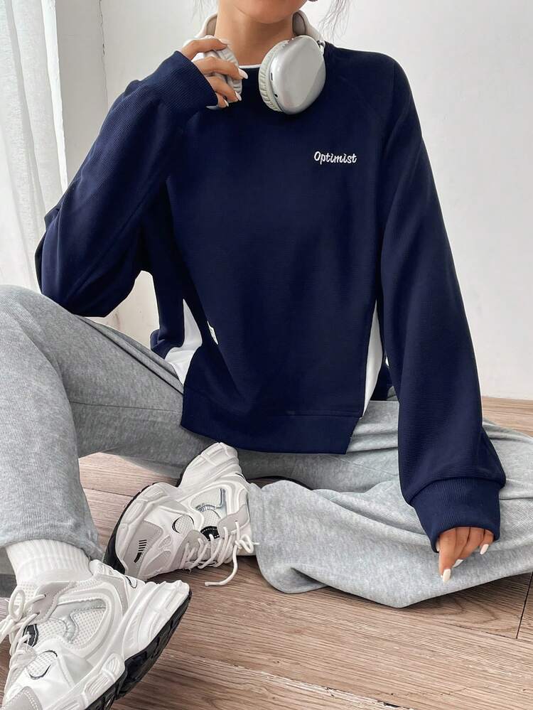 Letter Embroidery Patched Detail Raglan Sleeve 2 In 1 Sweatshirt