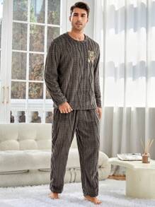 男士小熊刺绣法兰绒睡衣套装/蓬松睡衣套装，秋冬舒适服装