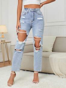 SHEIN Tall Jeans de pierna recta desgarro - Lavado ligero - Ver 3