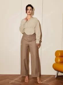 Women Solid Color Long Sleeve Waist Cinched Elegant Blouse, Casual Daily Button Down Shirt, Spring/Autumn