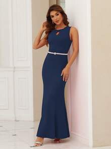 Cut Out Mermaid Hem Prom Dress Without Belt - Navy Blue - View 4