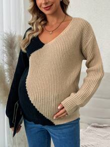 SHEIN Maternity Two Tone Drop Shoulder Sweater, For Winter - Khaki - View 1
