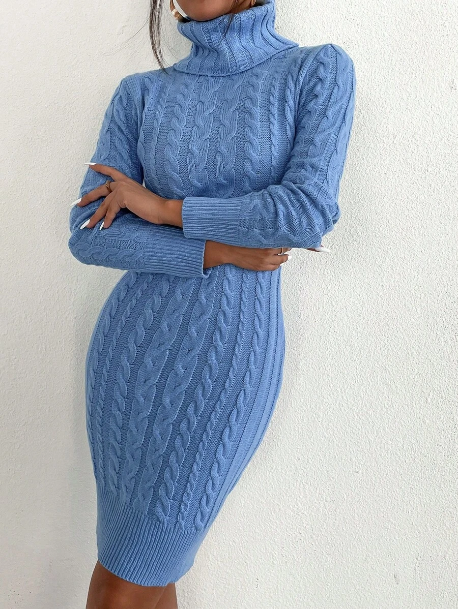Chiquease Turtleneck Cable Knit Sweater Dress - Blue - View 1