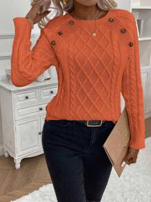 EMERY ROSE 麻花针织纽扣细节插肩袖毛衣，长袖上衣