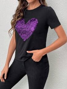 SHEIN Essnce T-shirt À Paillettes Avec Motif Cœur - Prune - Voir 4