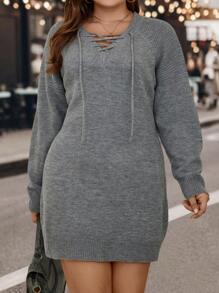 SHEIN LUNE Plus Lace Up Front Raglan Sleeve Sweater Dress - Grey - View 5