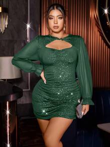 SHEIN LUNE 大碼前鏤空荷葉袖褶邊緊身洋裝 - 墨綠色 - 查看 1