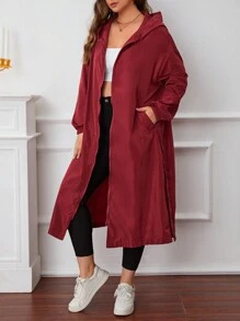 SHEIN Essnce 大碼拉鏈開襟按扣連帽防風夾克 - 酒紅色 - 查看 4