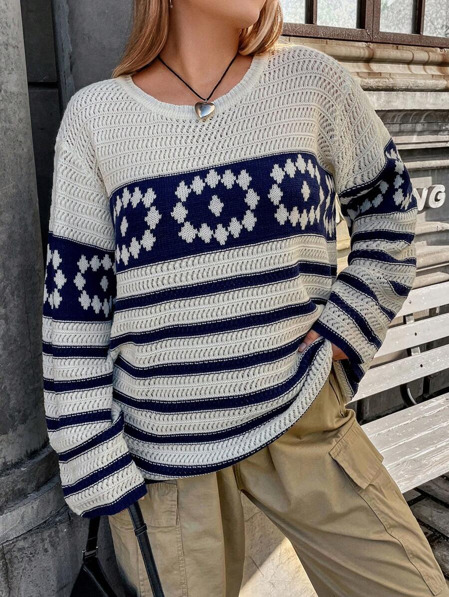 Flirla 加大码条纹几何图案落肩针织套头衫秋冬毛衣 - 杏色 - 查看 1