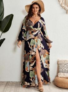 SHEIN VCAY Plus Tropical Print Lantern Sleeve Wrap Hem Dress - Multicolor - View 2