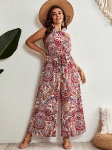 SHEIN VCAY Hơn In hoa Paisley Thắt lưng Áo liền quần Dây thắt cổ - Nhiều màu - Xem 3