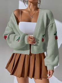 SHEIN Qutie 櫻桃圖案落肩袖開襟開衫 - 綠色 - 查看 7
