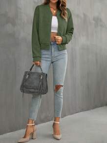 SHEIN Privé Zip Up Drop Shoulder Bomber Jacket - Army Green - View 3