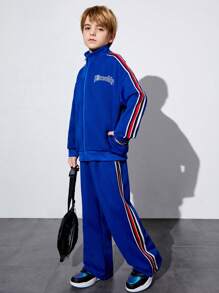 Cậu bé Tween Đồ họa Chữ cái Tương phản Đường may bên Áo khoác & Quần - Màu xanh lam - Xem 5
