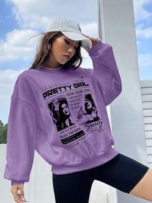 SHEIN EZwear Đồ họa Hình & Khẩu hiệu Thả vai Áo nỉ - Màu Lilac Tím - Xem 5