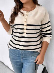 SHEIN LUNE Hơn Mẫu sọc Nút Nửa Tay Raglan Áo len - Nhiều màu - Xem 6