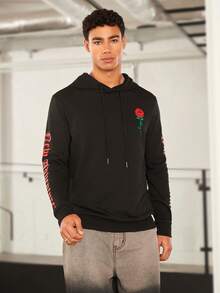 GENTILAND Nam Đồ họa hoa & chữ Dây rút Hoodie - màu đen - Xem 4