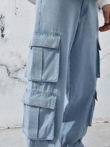 Manfinity EMRG Loose Fit Men's Flap Pocket Side Cargo Jeans Baggy Long Acid Wash Jean Plain Light Blue Going Out Street Wear Rapper - Blue - View 6