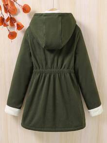 SHEIN Tween Girl Zip Up Thermal Lined Hooded Overcoat - Army Green - View 2