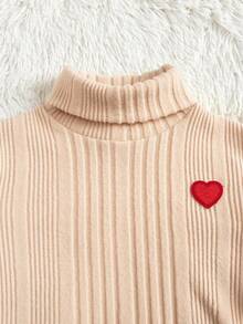 SHEIN Young Girl Heart Pattern Turtleneck Ribbed Knit Tee - Apricot - View 4