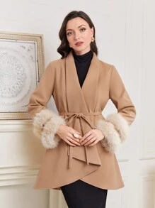 Modelyn 毛茸茸袖口腰帶圍裹花呢外套 - 卡其色 - 查看 5
