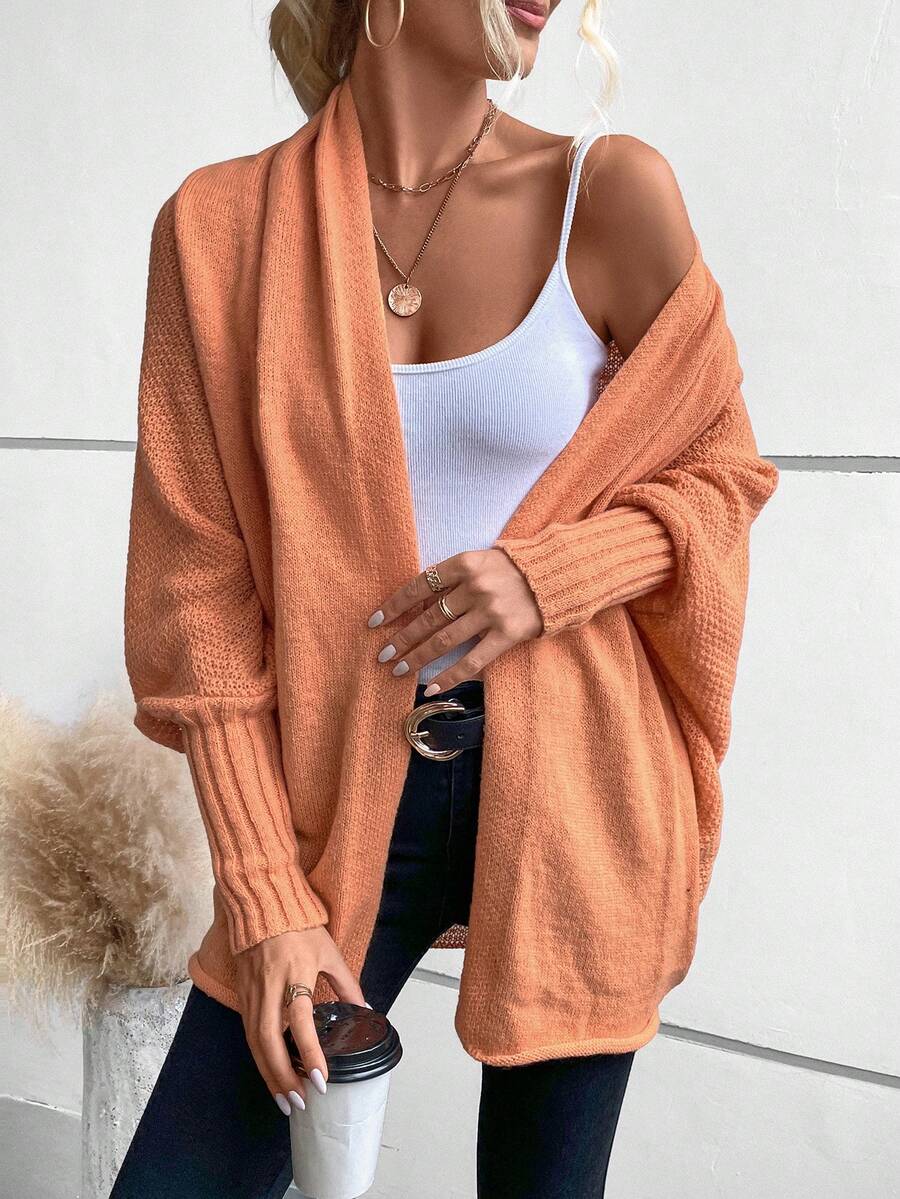 SHEIN Frenchy 净色蝙蝠袖开衫 - 橘色 - 查看 1