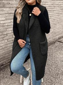 SHEIN LUNE Plus Dual Pocket Hooded Teddy Vest Going Out Tops Coat Winter Fall Autumn