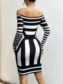 SHEIN Privé Striped Print Off Shoulder Bodycon Dress - Black and White - View 2