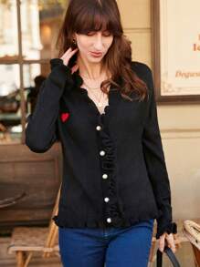 SHEIN Frenchy 愛心刺繡荷葉邊前紐扣開襟衫 - 黑色 - 查看 4