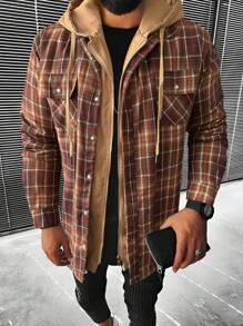 Manfinity Homme Loose-Fit Men's Plaid Print Drawstring Hooded Overcoat With Flap Pockets - Brown - View 1