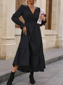 SHEIN Clasi Vestido de cuello cruzado de manga amplia bajo con fruncido - Negro - Ver 4