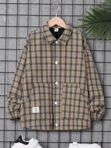 SHEIN Tween Boys' Casual Checkered Collar Thick Cardigan Jacket With Zipper, Woven Fabric