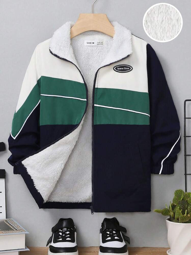 Young Boy Color Block Letter Patched Detail Plush Lined Coat