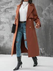 Chiquease Lapel Neck Double Breasted Belted Trench Coat - Brown - View 5