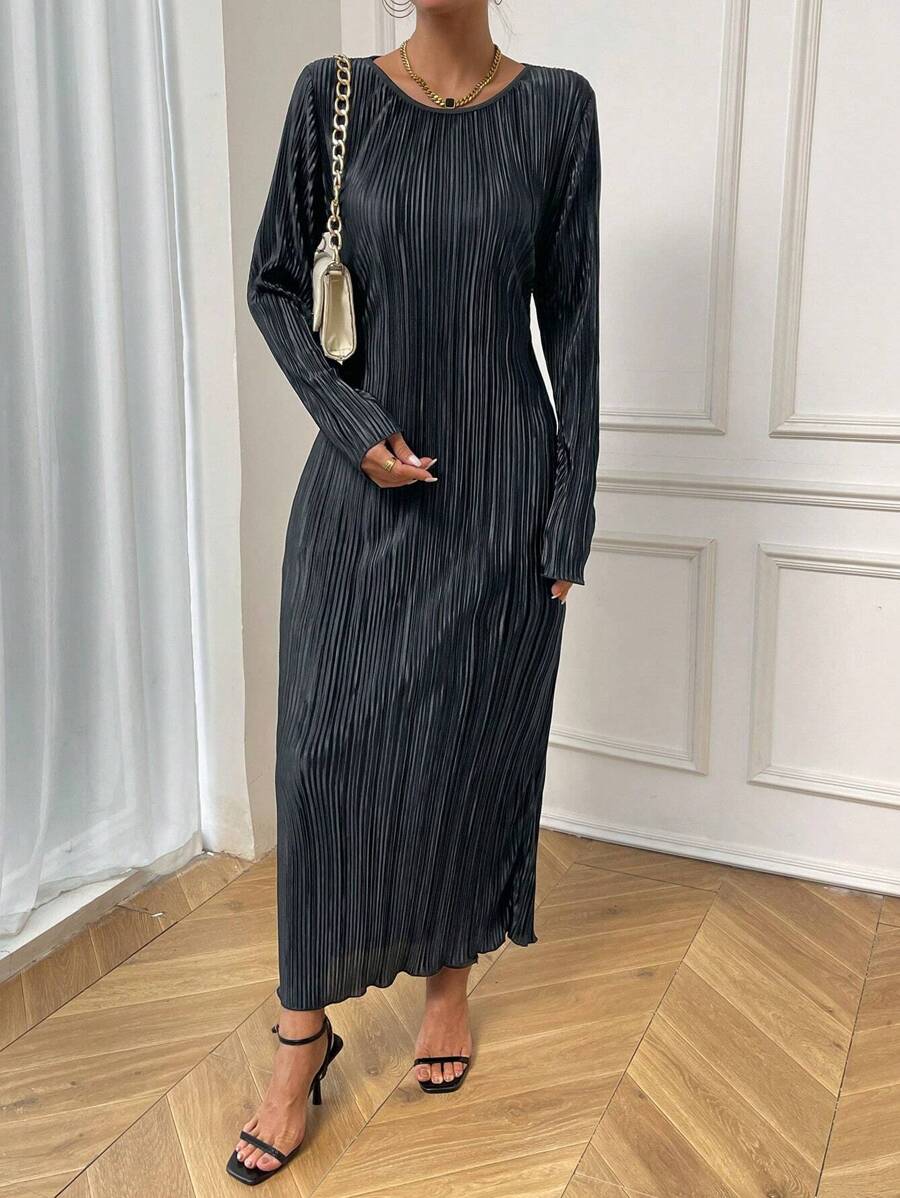 Chiquease 纯色生菜边褶皱连衣裙长款女装 - 黑色 - 查看 1