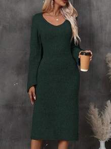 SHEIN Clasi Solid Flare Sleeve Sweater Dress - Green - View 4