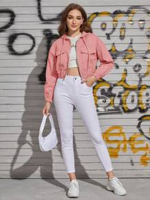 SHEIN Coolane Flap Pocket Drawstring Hooded Crop Jacket - Pink - View 4