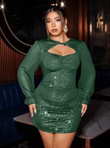 SHEIN LUNE 大碼前鏤空荷葉袖褶邊緊身洋裝 - 墨綠色 - 查看 6