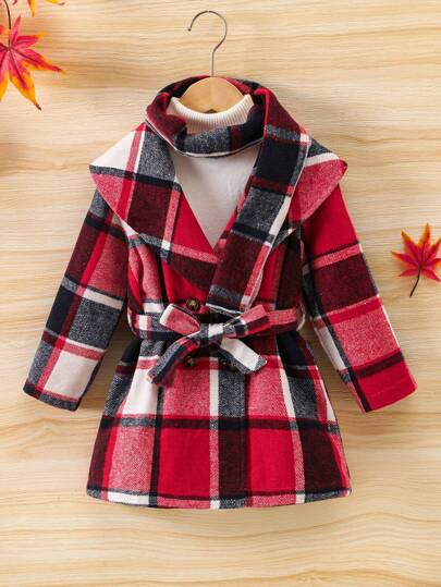 SHEIN Young Girl 1pc Plaid Print Belted Overcoat & 1pc Scarf
