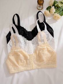 Plus 3pcs Hook And Eye Lace Overlay Bra - Multicolor - View 6