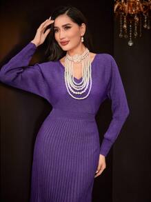 Modelyn 交疊領後背鏤空毛衣洋裝 - 紫色 - 查看 5