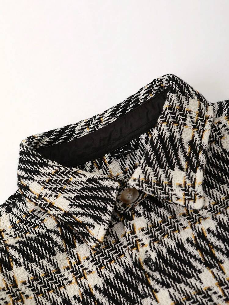 Men Houndstooth Print Flap Pocket Shacket Without Hoodie