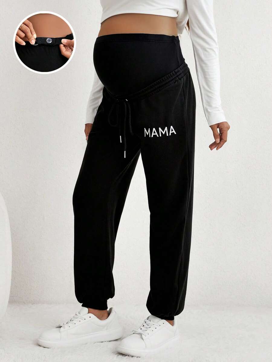 SHEIN Thai sản Thêu Chữ Dây rút Vòng eo có thể điều chỉnh Quần - màu đen - Xem 1