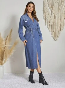 SHEIN LUNE Robe En Jean Poche À Rabat À Bouton