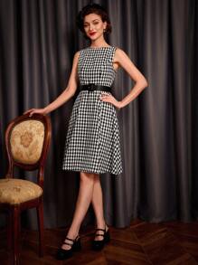 SHEIN DECDS 千鳥格印花繫腰帶洋裝 - 黑與白 - 查看 3