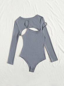 SHEIN BAE Ribbed Knit Super Crop Top & Cami Bodysuit - Dusty Blue - View 3