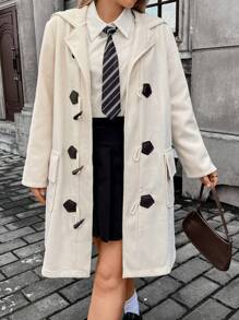 Flirla Plus Flap Pocket Duffle Hooded Overcoat - Apricot - View 2