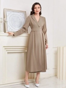 Seusyu Solid Lapel Neck Dress - Khaki - View 3