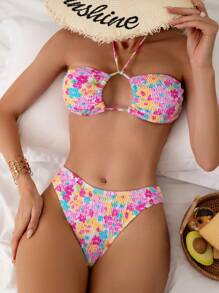 女士花卉印花挂脖式比基尼套装 夏季海滩 - 彩色 - 查看 1
